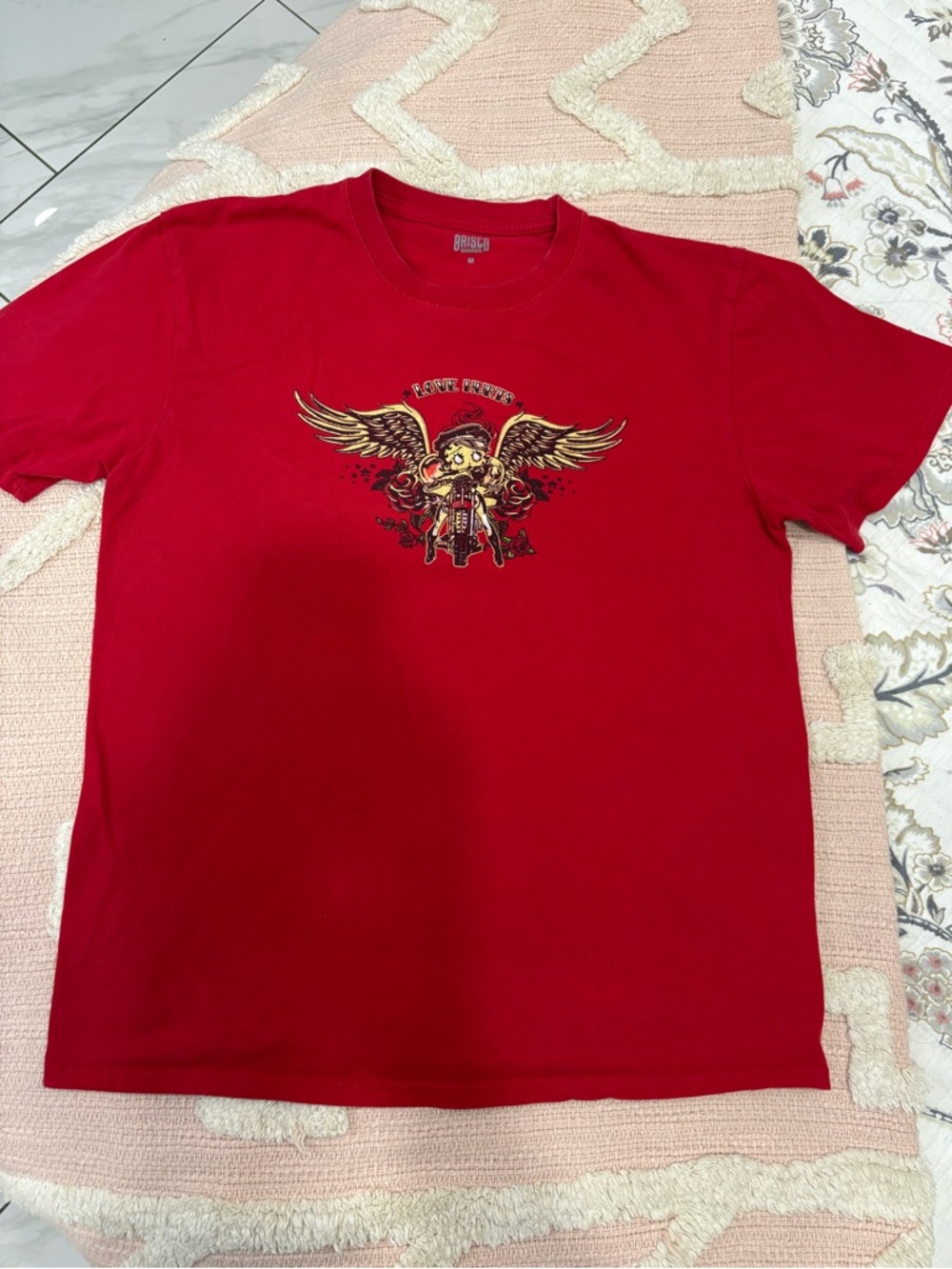 Betty Boop Red Short Sleeve Graphic Tee - Winged Skull Motorcycle Design